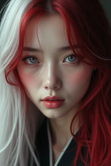  Asian woman with long hair and bangs with one side of her hair red and the other white, a gray eye and a red eye Cinematography ,  photorealistic , 