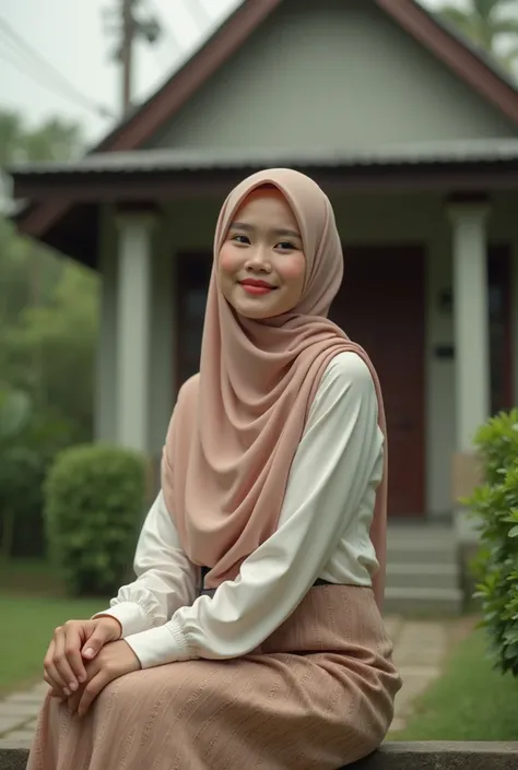  Malay girl in hijab, sitting in front of the house , with a smile .Malaysian .