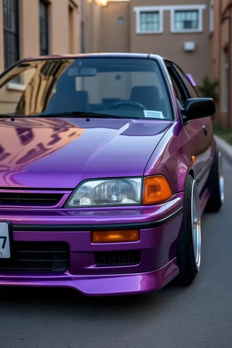 Honda civic ef 88 with the front of the car in purple litmus and the rest of the car in gray premier color with multicolored pearl