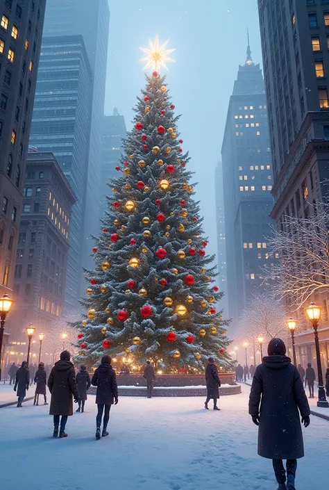 A snowy city and a big Christmas tree