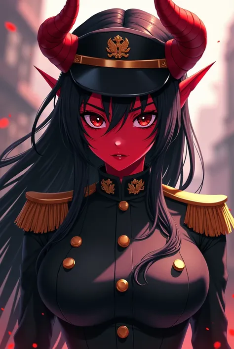  an anime girl, red-skinned demon with black eyes and black hair. Wearing military clothing that has a war captains hat and long, intimidating red horns.