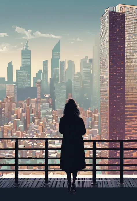 A sad woman looking at a city skyline