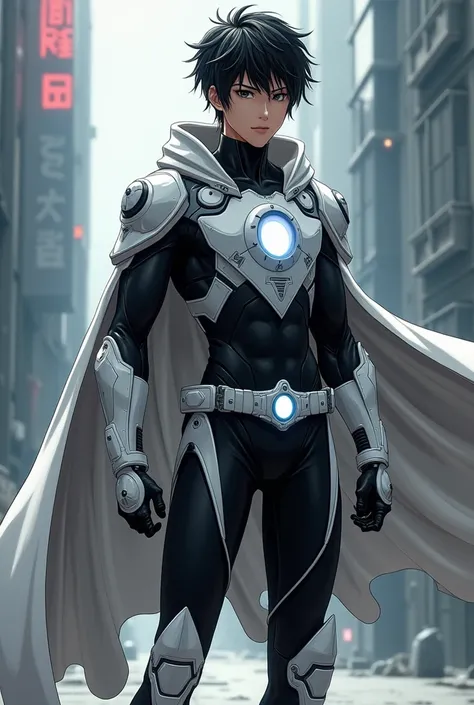 anime boy wearing a black bodysuit with white accents, reinforced segmented arm guards, white gloves, angular white boots with armored plating, and a white utility belt with a glowing white sun symbol on the buckle. His cape is fastened with white sun-shap...