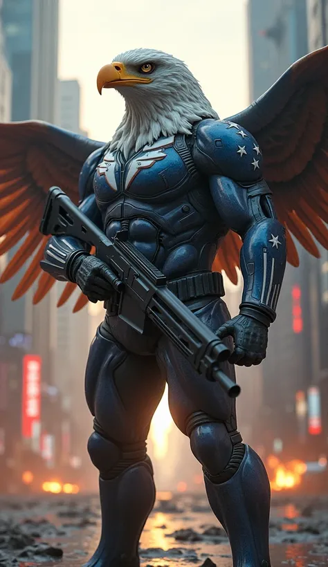 Create a photo-realistic, cinematic-style depiction of a giant humanoid creature with the head of a bald eagle and the muscular, sculpted body of a man. The figure stands tall, dressed in a futuristic special forces uniform in metallic blue and white, ador...