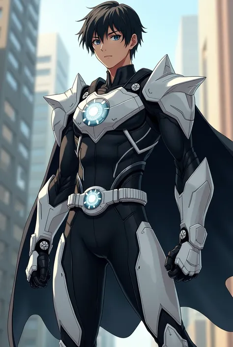 anime boy wearing a black bodysuit with white accents, reinforced segmented arm guards, white gloves, angular white boots with armored plating, and a white utility belt with a glowing white sun symbol on the buckle. His cape is fastened with white sun-shap...