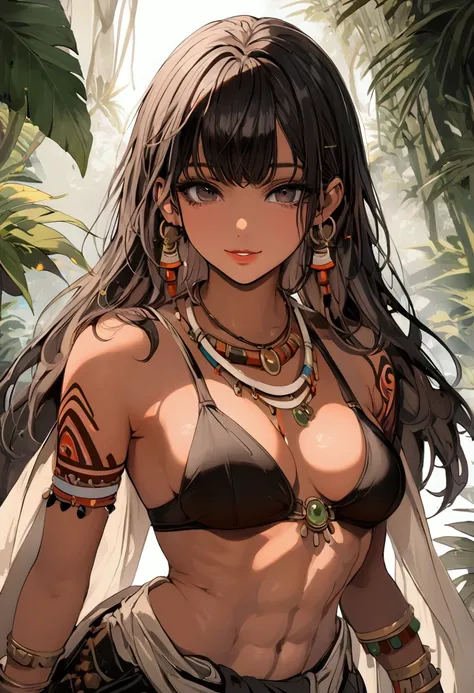 female, floppy rabbit ears, very dark skin, black hair, short straight hair, braided hair, medium breasts, tribal, tribal tattoos, black bikini top, black  pelvic curtain, white floral pattern, anklets, bracelets, necklace, wide smile, fit, jungle, black e...