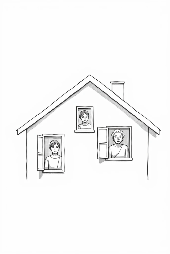  Draw in black and white the plan of a house :
 you can draw in it many windows ,  small squares ,  Make the first window with a big lady who is the image of a mother,  the second window of a girl  ,  the last window an old woman a grandmother ,  a window ...