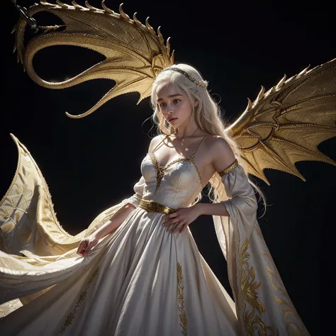  Daenerys Targaryen wearing a white dress that the top of the dress is embroidered in the shape of golden dragon wings and that a small belt simulates a black dragon, That the skirt is long very long with gold embroidery that gives the illusion of embroide...