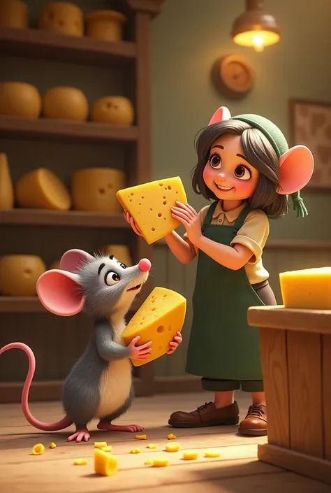 "Inside the cheese shop, there’s a variety of cheeses on the shelves, creating a cozy, rustic feel. Milo, the cheeky little mouse, is carefully reaching up to grab a giant wedge of cheddar. Just as he’s about to take it, the shopkeeper, Martha, turns aroun...