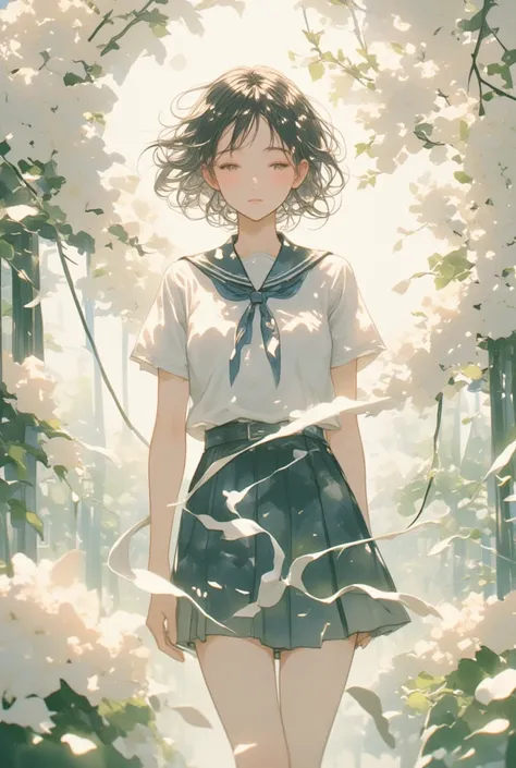  Details、 High Quality 、masterpiece、 high definition 、4K、8k、Beautiful girl in a school uniform in the rain of pale white petals、Get involved、Watercolor、Storm of Petals 、 Swirling Pale White Petals、Flower Garden