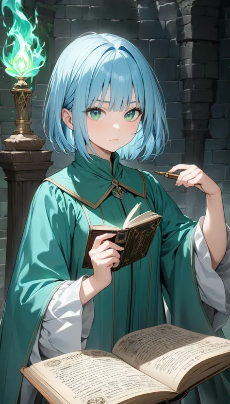 Highest quality、Light blue hair、Short Bob、Deep green eyes,20 years old,small breast,Dungeons、 The Wizard、Im opening a spellbook and casting spells、Torch Light