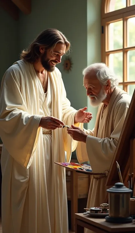 jesus in white happily teaches oil painting to old man. next to a large easel. old man holding paintbrush and palette in hand. in a painting studio