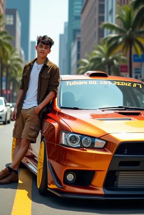 An Indonesian teenage boy with a height of 155 cm, clean face, under smooth hair, standing leaning against the door of his lancer evo 8, wearing a white casual shirt covered with a brown casual cargo shirt and brown casual cargo shorts, wearing brown shoes...