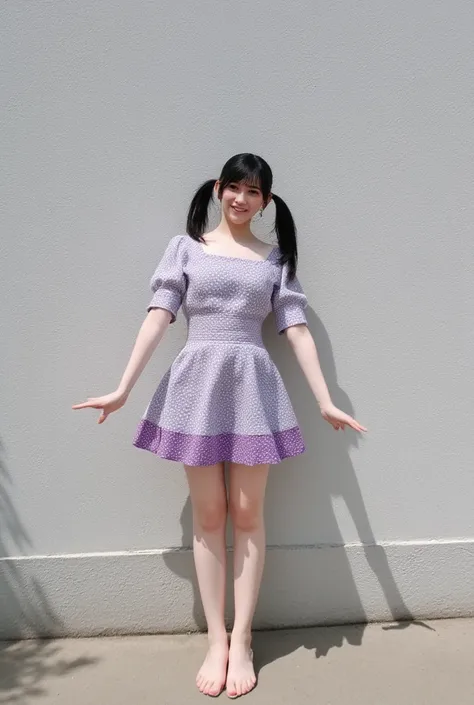 She is wearing a micro skirt and posing open-legs while smiling and winking、The background is a monotone , show me panty
