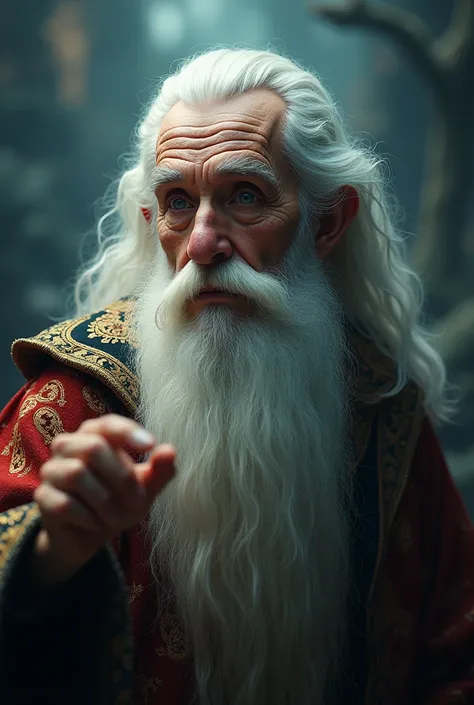 beautiful elderly wizard, detailed face, piercing eyes, long nose, detailed lips, long beard, elaborate robe with intricate patterns, right hand raised, surreal atmosphere, dramatic lighting, digital painting, fantasy art, cinematic rendering, highly detai...