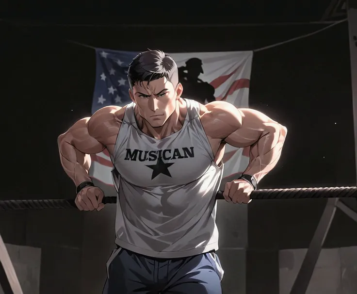 beautiful muscular male in intense physical activity, doing muscle ups, muscles straining with power, proud american ex-military male, good husband, anime artstyle, patriotic protector, dark training facility background