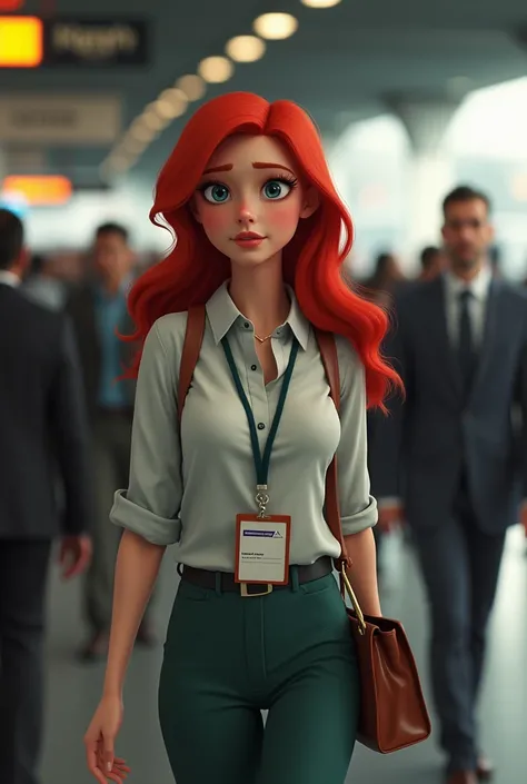  live action version of Disneys Ariel。OL。New Employees。 wearing an employee ID card around her neck 。Casual office attire 。whole body。 Scenery of commuting 。 station platform。