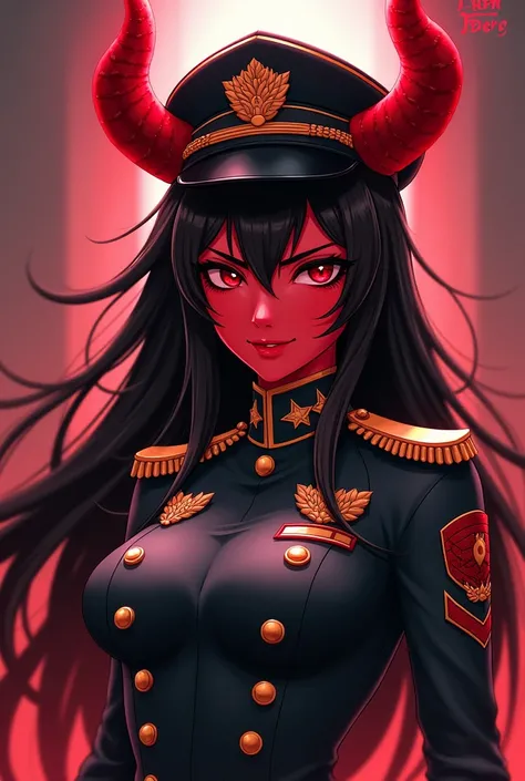  An anime girl with a smile, red-skinned demon with black eyes and black hair. Wearing military clothing that has a war captains hat and long, intimidating red horns.