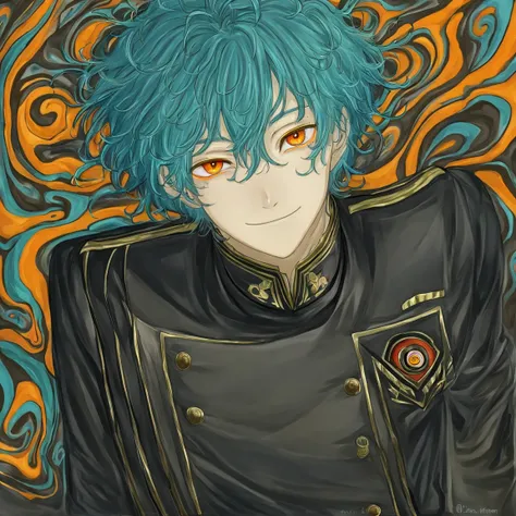 1 boy, Turquoise hair, orange eyes, black cloth, handsome, wearing uniform, orange eye liner, smiling, detailed, young boy, ahoge, messy hair, very messy hair, short hair