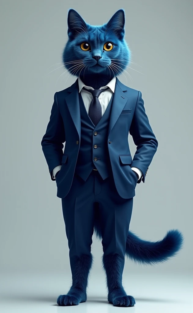 A handsome blue cat，Wearing a suit，Standing
