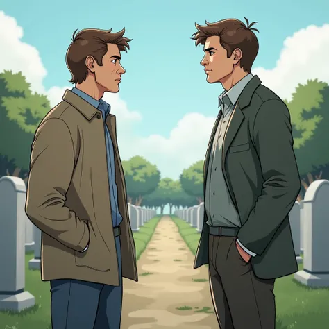 Two brown-haired adult men talking in a cemetery. The camera points to one of them who looks away calmly. clear sky 
