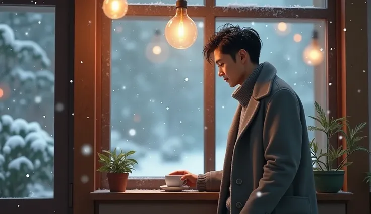 , taken in Sangbansan, realistic photo ,ah~  whispered to say he loves me
Background :  A warm small cafe with a reminder of the past ,  A scene of snow falling outside the window .
The main character :

Korean male, 40 years old :  standing by the window,...