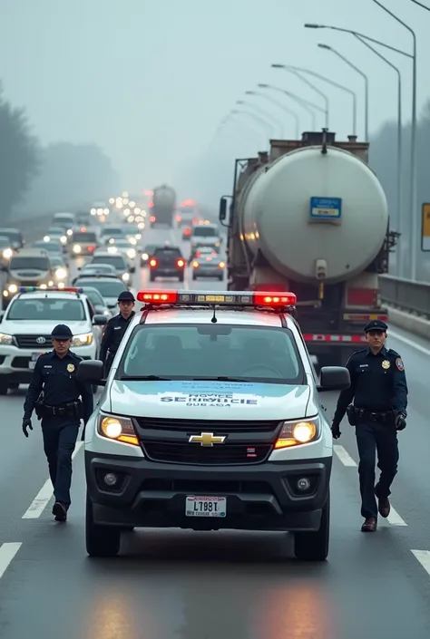 highway police service team on their service pickup truck with an oil tanker truck on a busy highway