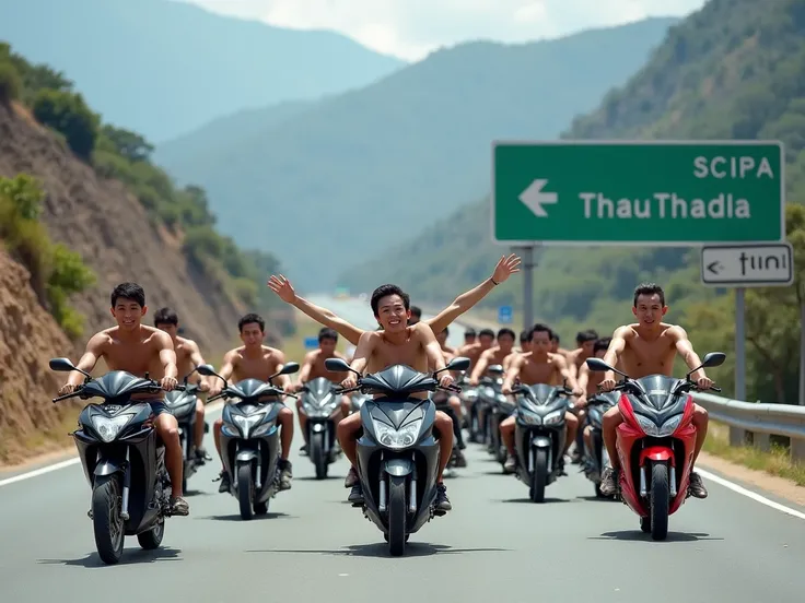 A group of about 20 young Thai men, shirtless, are riding Yamaha Wave 125 motorcycles. They are lying on their bikes with their legs stretched backward in a Superman-like flying pose, as if soaring through the air. The scene takes place on a mountain road ...