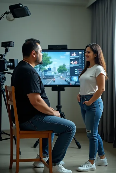 A Thai male film director, 45 years old, large build, weighing 110 kg, 180 cm tall, wearing a black t-shirt, jeans, and white sneakers, sitting on a wooden chair and focusing on a monitor during the filming of a movie about an earthquake and building colla...