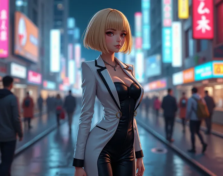  Photorealistic ,  high resolution, Soft light,1 girl,  blond hair bob , Bangs hair, plump body,  natural big breasts,  white and black suit , standing position,  detailed face,  Cyberpunk style,,  Cyberpunk, luminous,  on the street, with cyber city .