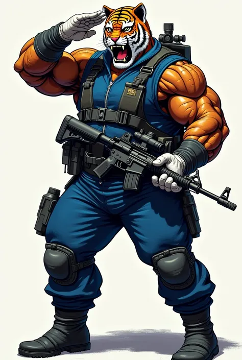 (A rugged beefy very muscular bulky old man), (wearing blue zipper wetsuit), (wearing realistic roaring tiger mask), saluting,  wearing bulky scuba gear, wielding a rifle, muscular physique, toned muscles, fierce, heroic, action, comic artstyle, bulky best...