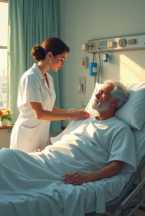 A man in hospital bed and nurse in room 