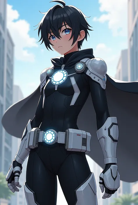  anime boy wearing a black bodysuit with white accents, reinforced segmented arm guards, white gloves, angular white boots with armored plating, and a white utility belt with a white sun symbol on the buckle. His cape is fastened with white sun-shaped clas...