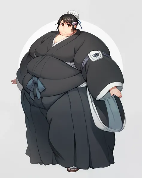 score_9, score_8_up, score_7_up,
 hinamori momo,1girl, solo,single hair bun, bun cover,brown eyes,black hair,hair ornament, portrait,black kimono, hakama, sheathed, fat, chubby, obese, full body shot 