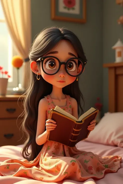 A fair-skinned Disney Pixar character ,  woman with long hair, brown eyes with glasses, in a female room,  wearing a floral dress puffing up the Bible.