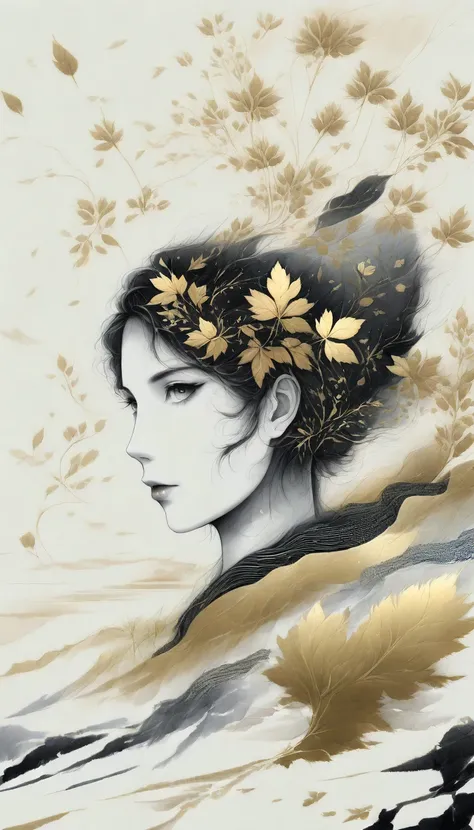 (gold leaf art:1.5)，(Metallic luster:1.45)，Minimalism，(line art:1.6)，sketch，Charcoal drawing，mask，flower,Illustration in surreal art style，surreal dream，Dubrec style,(multiple exposure：1.8),Dreams of happiness，