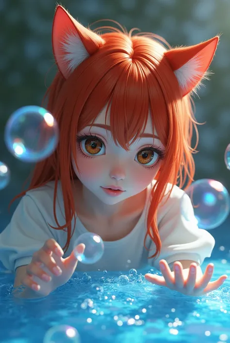 young woman, Cat ears,  red hair,  brown eyes , Soap Bubbles,  blue, realistic 