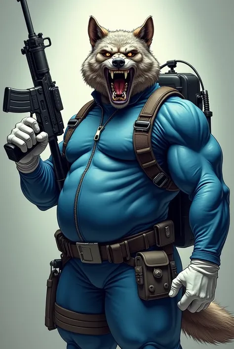 (A rugged beefy very muscular bulky chubby old man), (wearing blue zipper wetsuit), (wearing realistic roaring wolf mask), thumbs up pose,  wearing bulky scuba gear, wielding a rifle, muscular physique, toned muscles, fierce, heroic, action, comic artstyle...