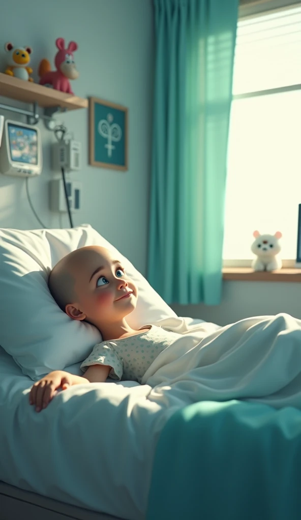 Prompt 2:
Create a Disney Pixar-style wide-angle shot of a ’s hospital room. The girl with cancer is lying on the bed, her head shaved, and she appears weak. The setting includes clean white walls, a heart monitor, and a window with curtains. The subject i...