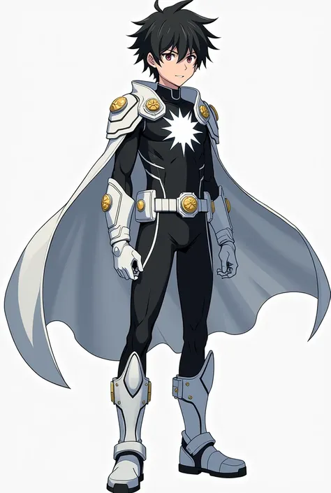 teenage anime boy wearing a black bodysuit with white accents, reinforced segmented arm guards, white gloves, angular white boots with armored plating, and a white utility belt with a white sun symbol on the buckle. His cape is fastened with white sun-shap...