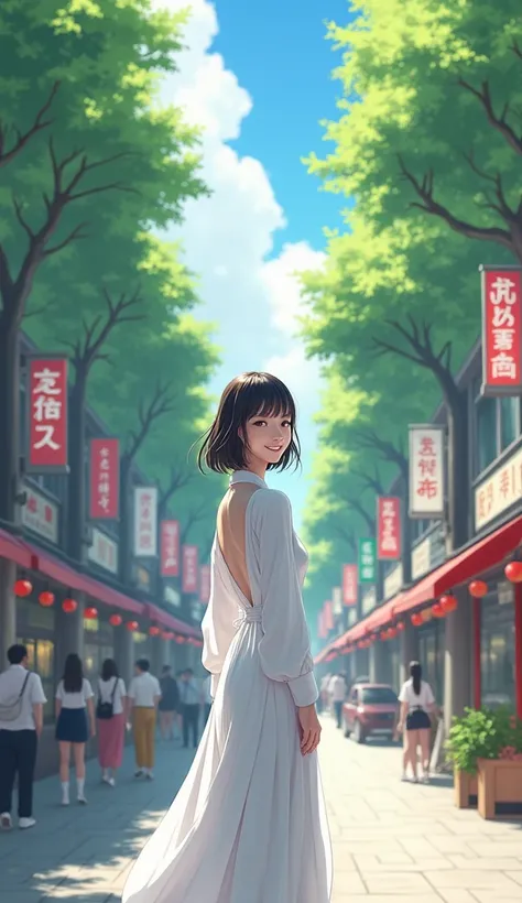  wear white clothes and face the front, smile,  beautiful Japanese woman ,  multiple shops and trees 々In a city lined with , Date, 