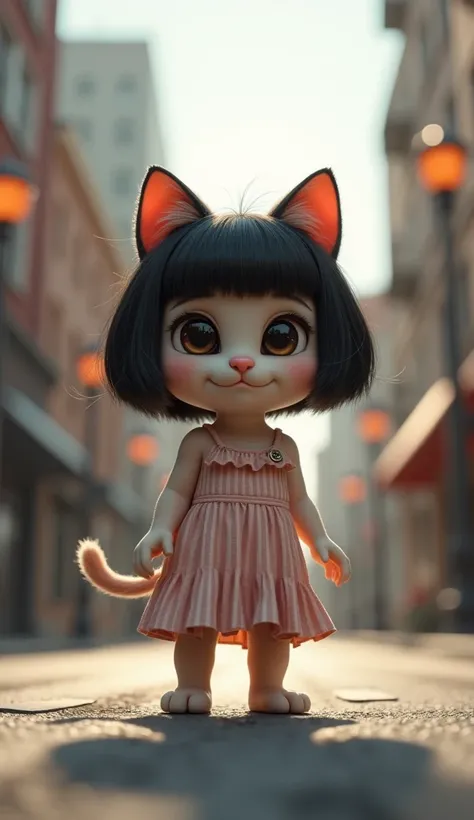 a cute kitten standing in a dress, wearing a huge black bob cut wig with a neat outward curl ends, looking at the front, street bg, realistic