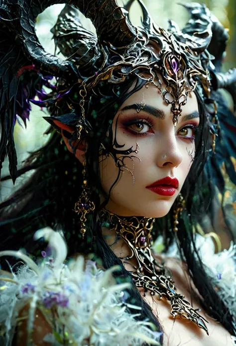 a beautifully detailed demon queen, extremely detailed face and eyes, long dark hair, elegant horns, flawless porcelain skin, piercing gaze, dark wings, dramatic gothic dress, dark fantasy, cinematic lighting, moody atmosphere, dramatic pose, photorealisti...