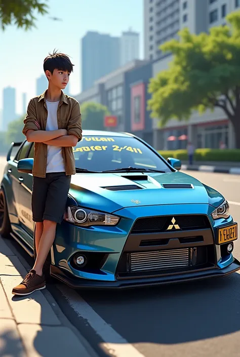 An Indonesian teenage boy with a height of 155 cm, clean face, under smooth hair, standing leaning against the door of his mitsubishi lancer evo 8, wearing a white casual shirt covered with a brown casual cargo shirt and black casual cargo shorts, wearing ...