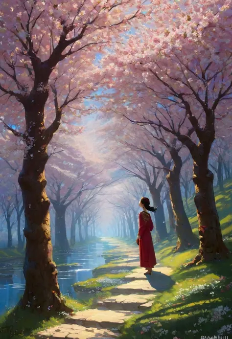 A riverside、A forest of cherry blossoms,  Flying Petals, Young Girls. Smooth Lines , Emphasize light,  Shadow and Space Perception,  Rich Negative Space ,  starry night , ( in a Primitive Style . David Martiashvili.  Spartak Mukanov . Sven37. Peter Elson, ...