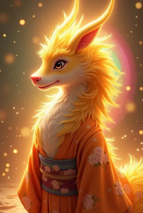 Golden Kirin, 8K resolution, （Looking forward：1.8）, （Facing forward:1.8）, A rainbow-colored halo shines, Shining, Only the upper body is visible, It has the head of a kirin and is wearing a kimono, Fortune telling, spiritual,