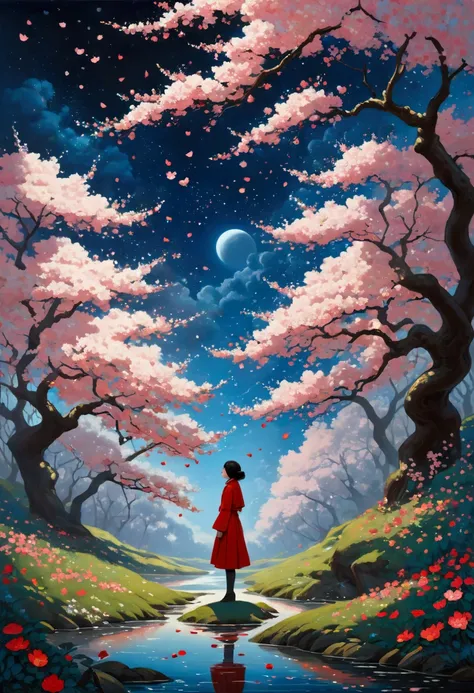 A riverside、A forest of cherry blossoms,  Flying Petals, Young Girls. Smooth Lines , Emphasize light,  Shadow and Space Perception,  Rich Negative Space ,  starry night , ( in a Primitive Style . David Martiashvili.  Spartak Mukanov . Sven37. Peter Elson, ...