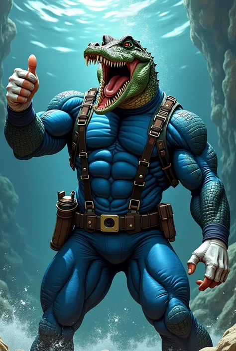 (A rugged beefy very muscular snarling crocodile man), (wearing blue wetsuit), thumbs up pose. He has bulky scuba gear, muscular physique, toned muscles, fierce, heroic, action, comic artstyle, bulky best quality, wearing white fingerless gloves. wearing g...