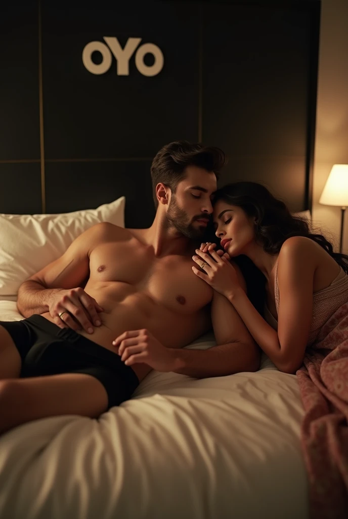 a   very hot 27 years old boy laying on bed in black calvin klein trunk  underwear, a woman laying beside him in indian traditional dress, detailed faces, intricate details, beautiful lighting, high quality, photorealistic, cinematic in Oyo hotel room Oyo ...