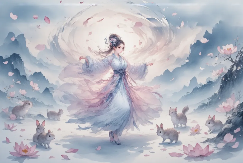 score_9, score_8, score_7, watercolor,  beautiful taoyuan township , the goddess, feather coat,  pink light silk , dancing in ta...